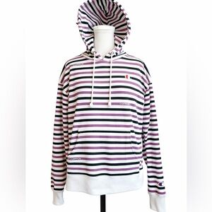Champion Reverse Weave Striped Hoodie Purple Graphite & White - Size Large
